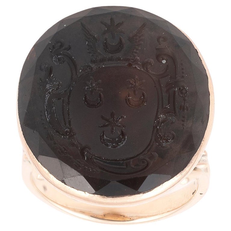 Late 18th Century Gold and Smokey Quartz Family Crest Ring For Sale