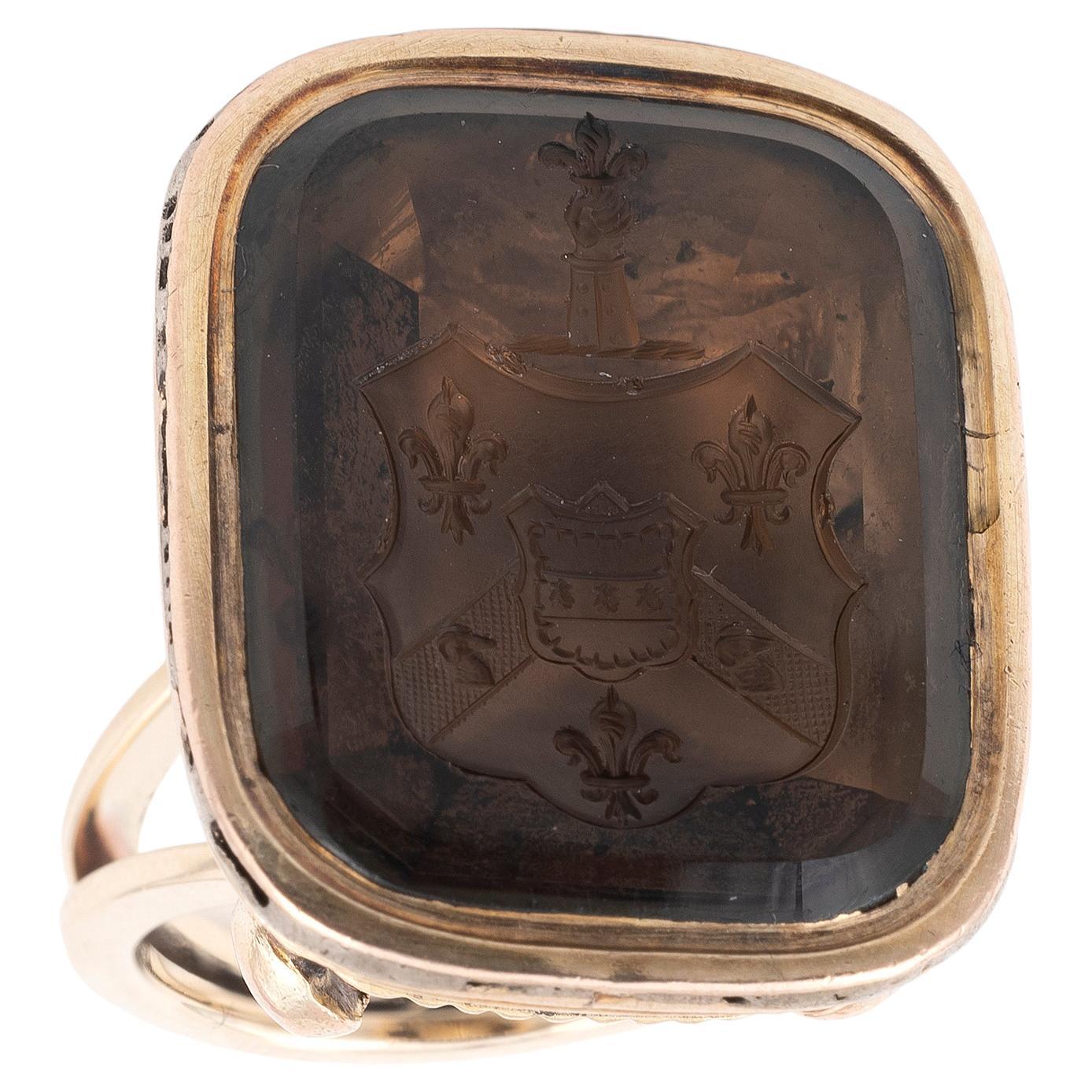 Early 19th Century Gold and Smokey Quartz Family Crest Ring