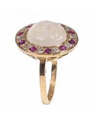 Carved Moonstone Ruby Diamond Gold Man in the Moon Ring