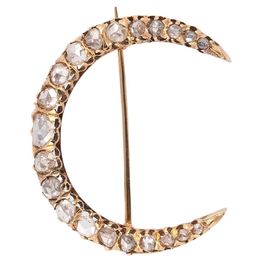 Art Nouveau Rose Diamond Crescent Brooch, circa 1910s