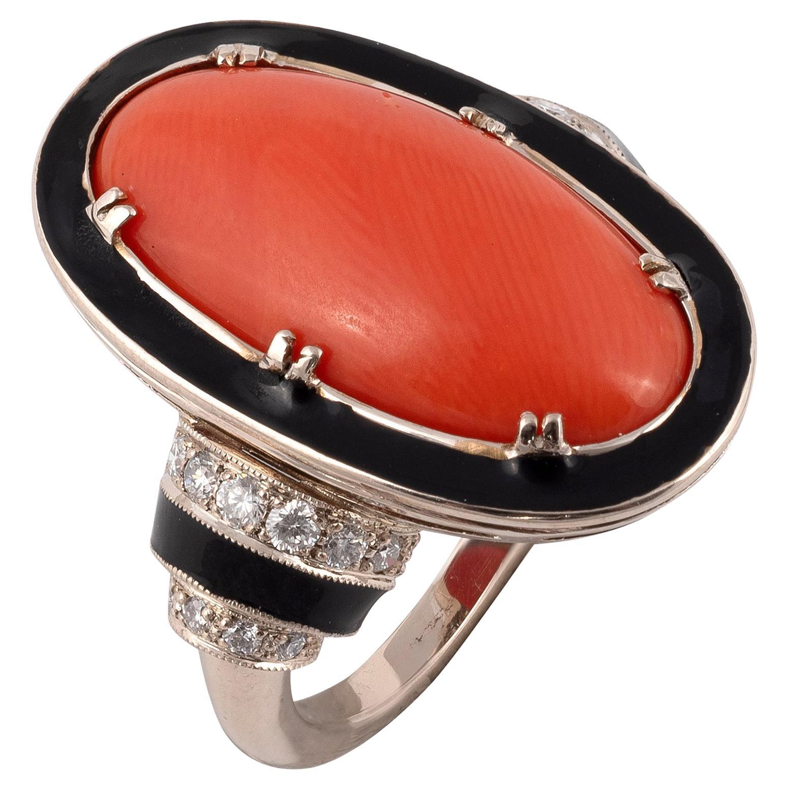 Art Deco Enamel Red Coral And Diamond Ring