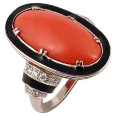 Art Deco Enamel Red Coral And Diamond Ring