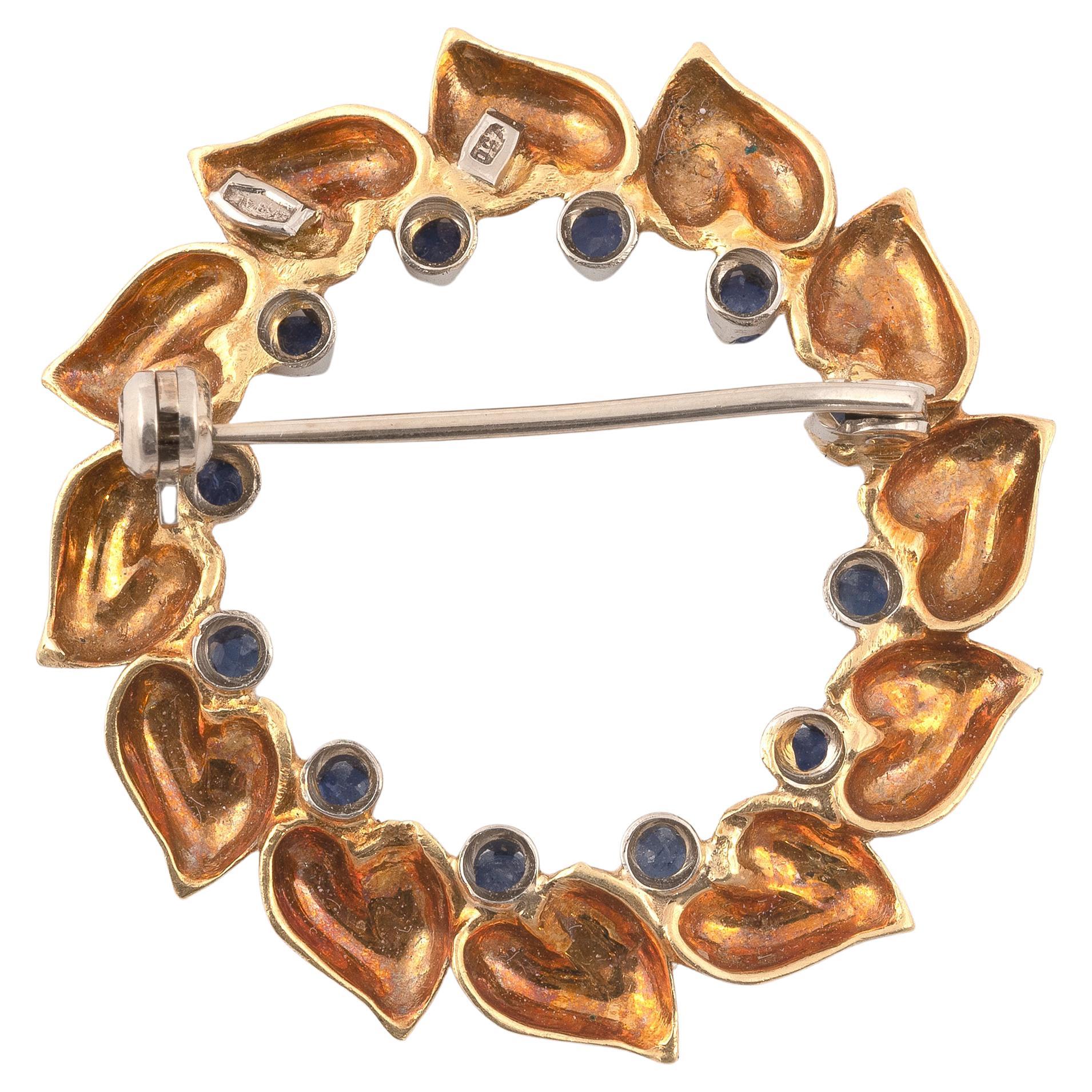 Round Cut 18kt Yellow Gold and Sapphire Leaf Brooch