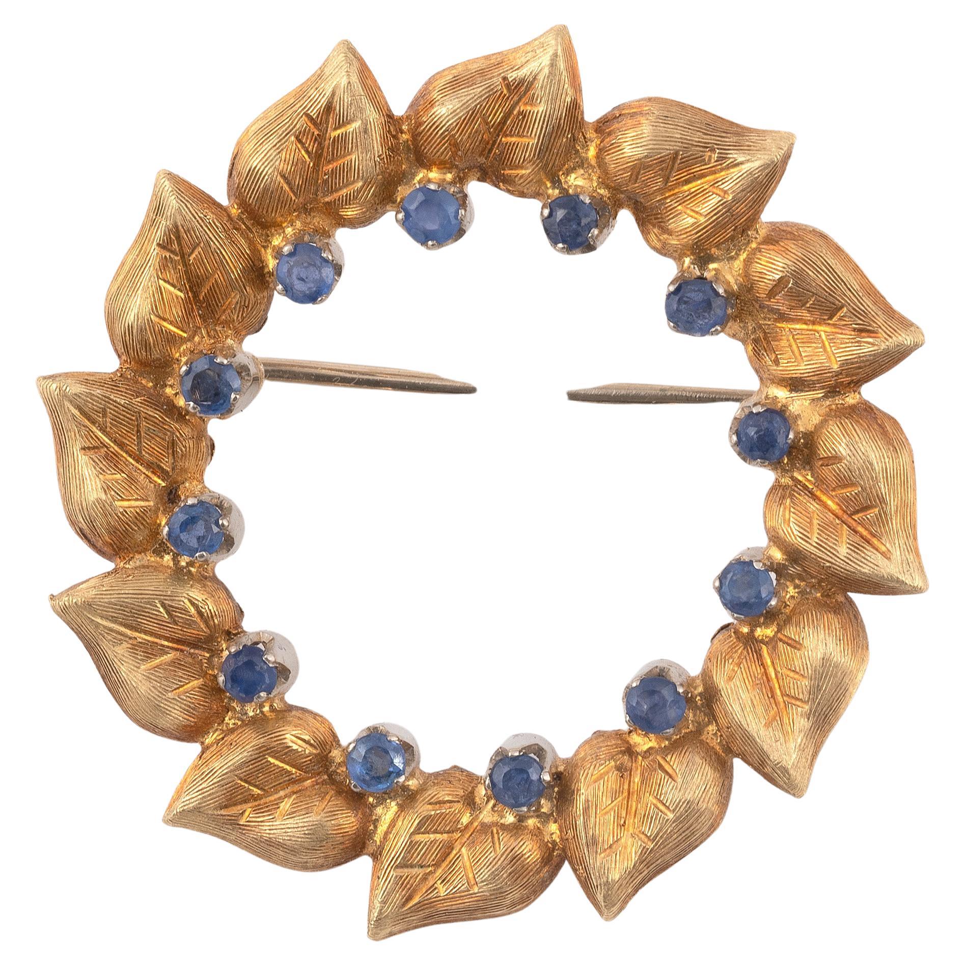 Art Nouveau 18kt Yellow Gold and Sapphire Leaf Brooch