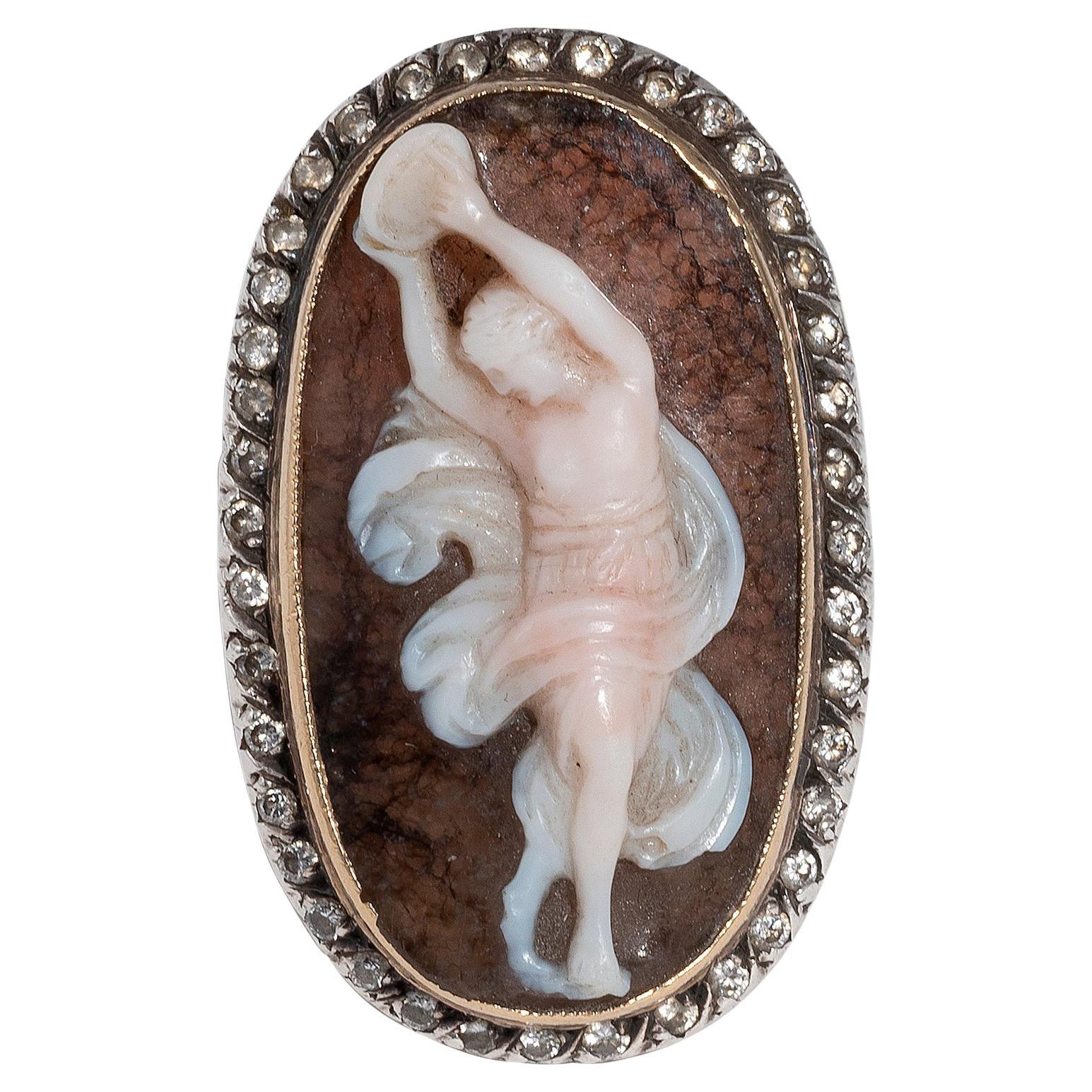 19th Century Yellow Gold Silver Diamond and Agate Cameo Ring