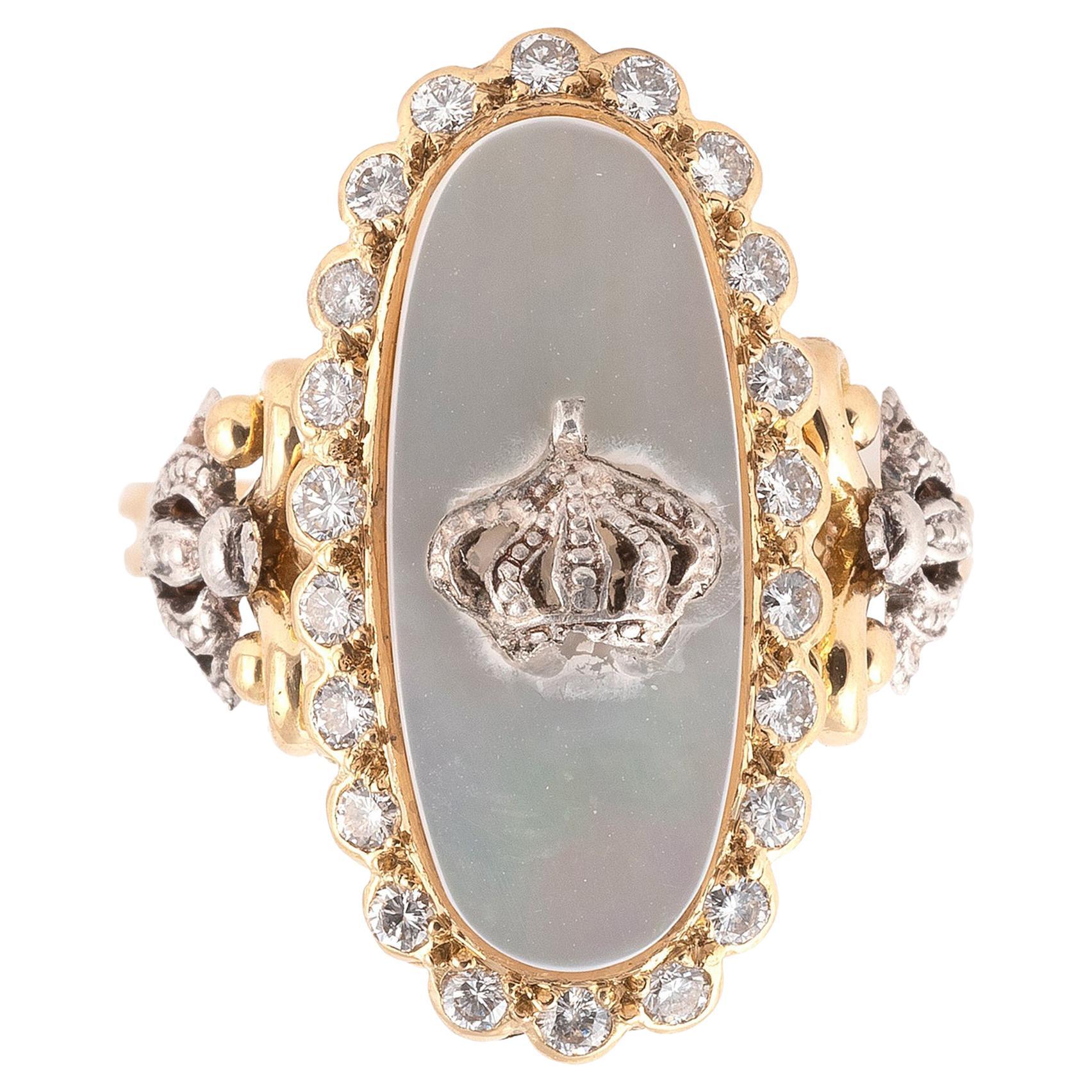 Yellow Gold Silver and Diamond Crown Ring