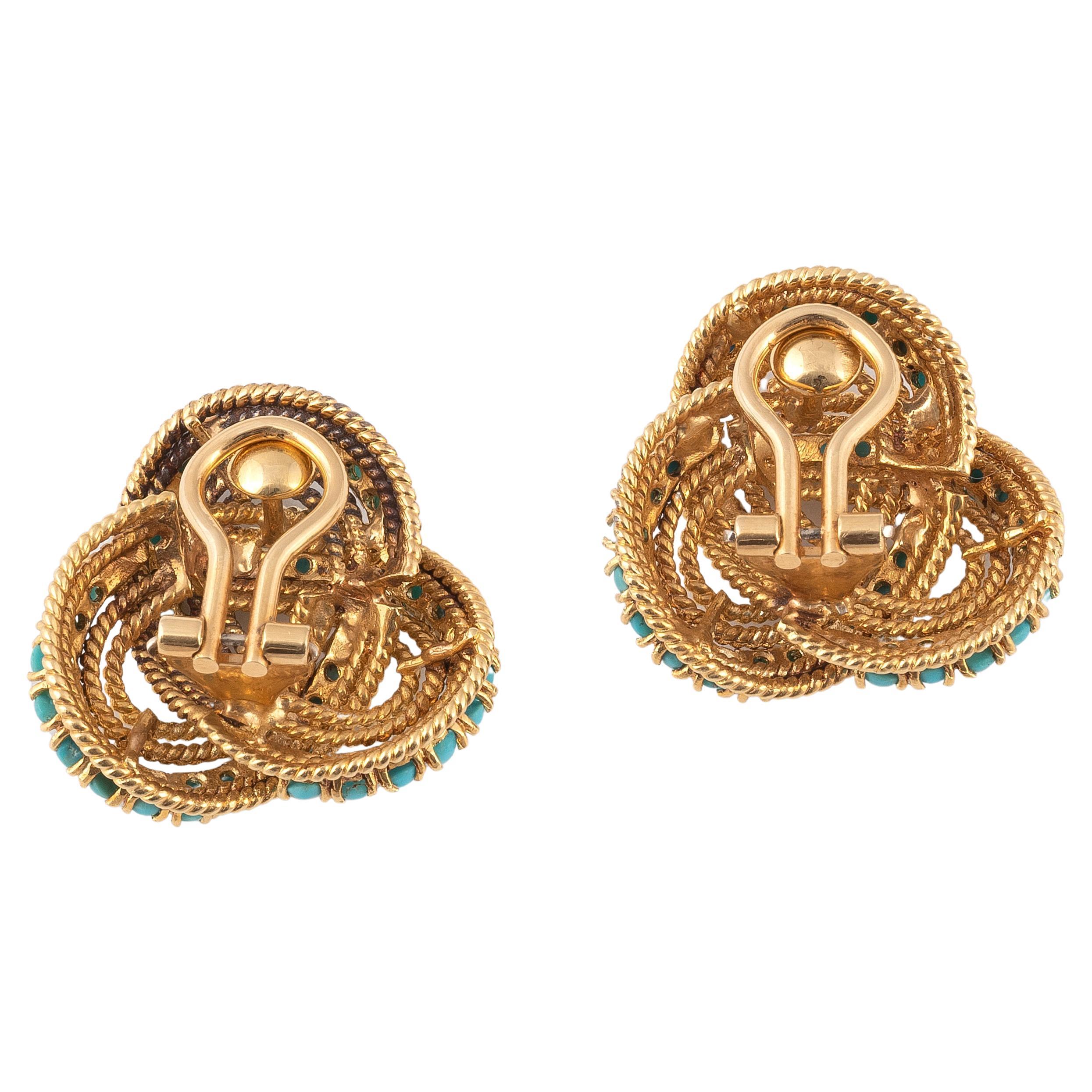 Retro 18kt Yellow Gold and Turquoise Knot Earclips