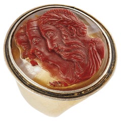Antique Large Agate Three Profiles Cameo Ring