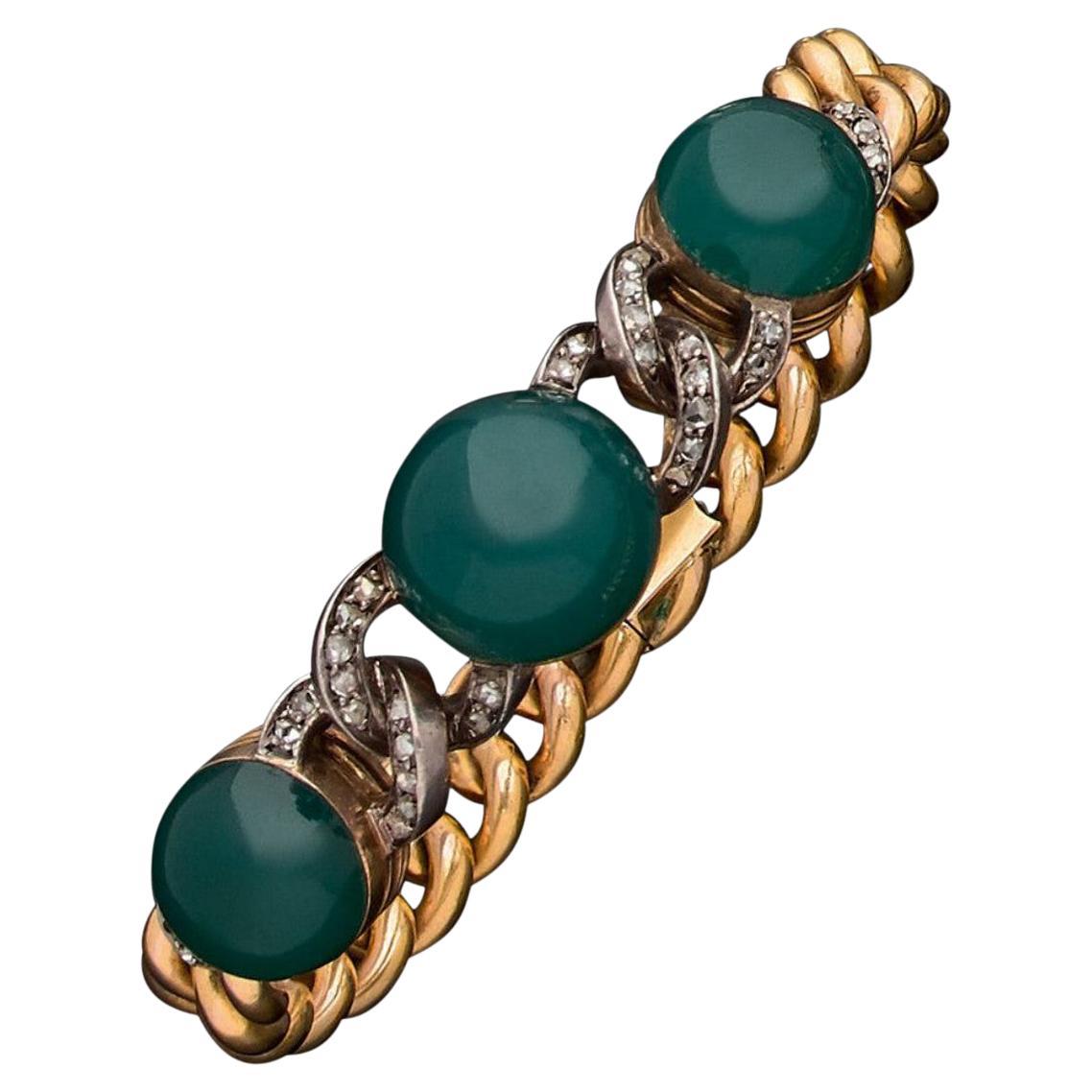 Bracelet ancien en or, diamants et agate verte