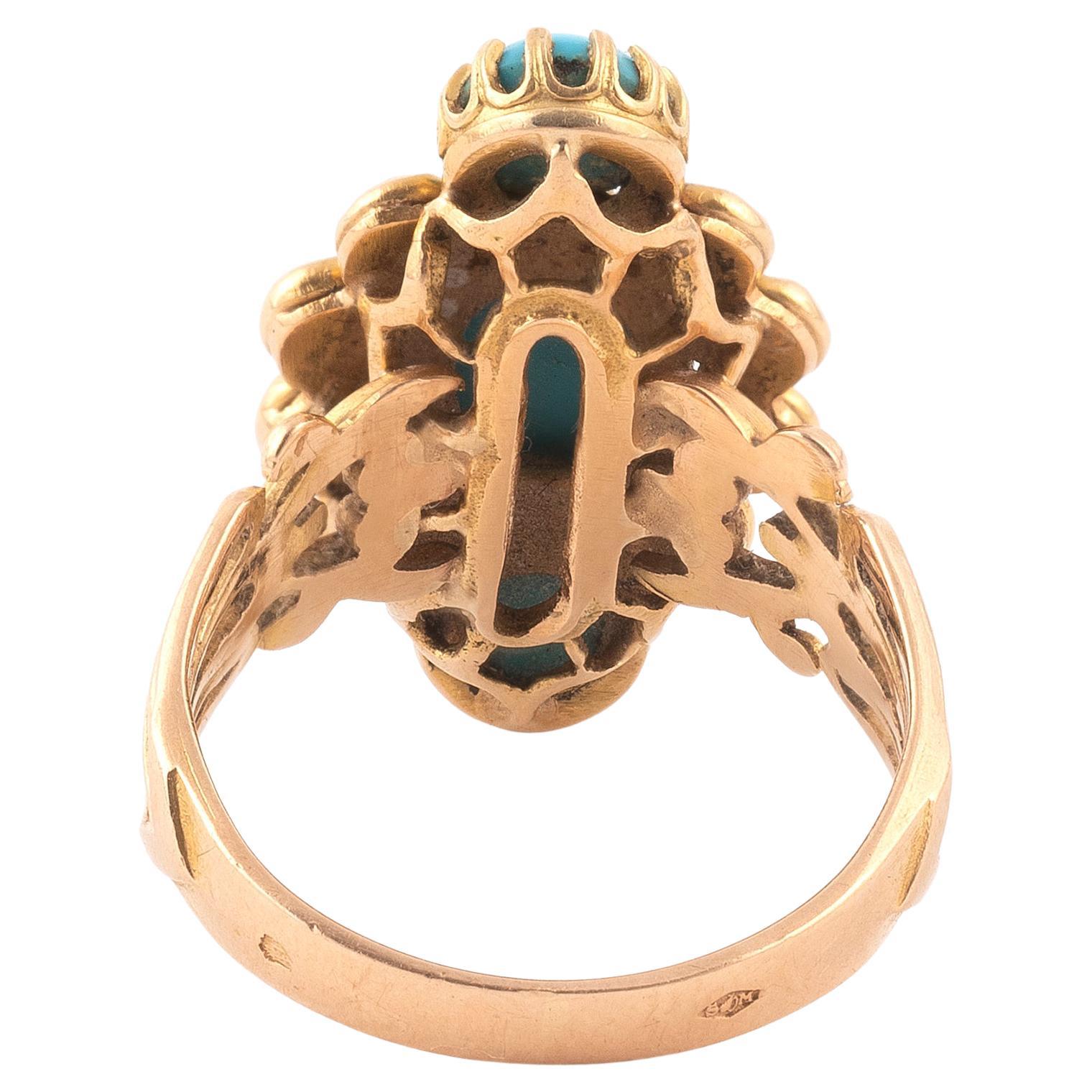 Jugendstil-Ring aus Gelbgold und Türkis (Art nouveau) im Angebot