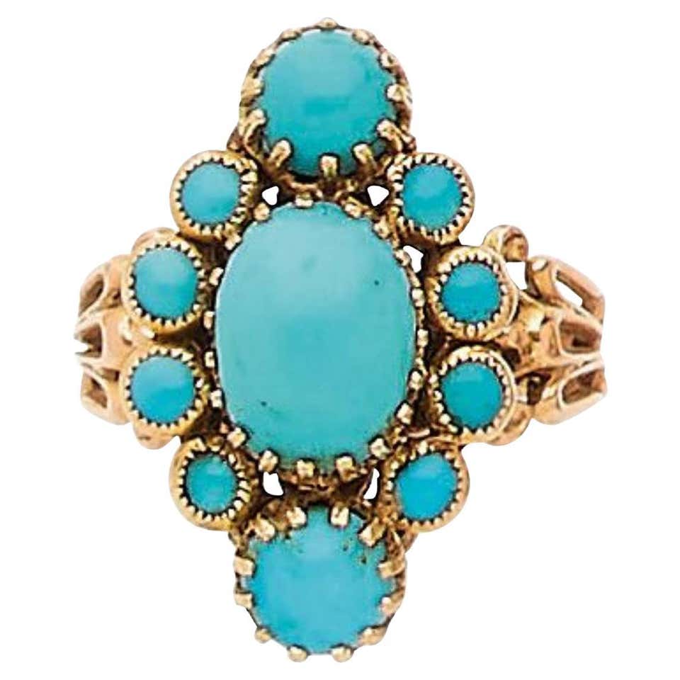1950s Turquoise and Diamond Yellow Gold Cocktail Ring For Sale at 1stDibs