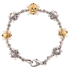 Vintage Codognato Silver Gold and Enamel Diamond Gold Skull Bracelet