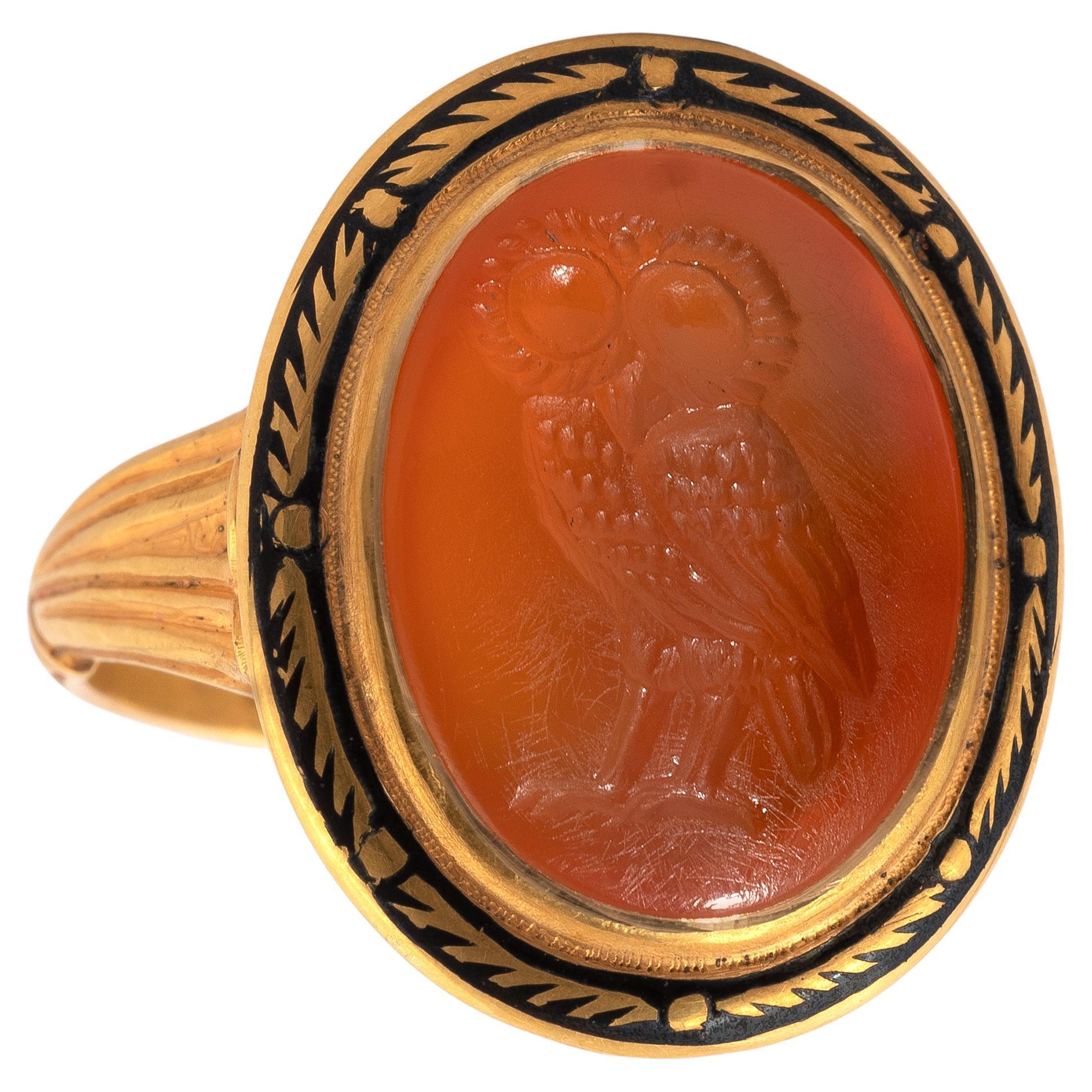 Antique Gold and Carnelian Intaglio Owl Ring