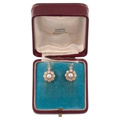 Pair of Ear Studs with Natural Pearl and Old Diamond