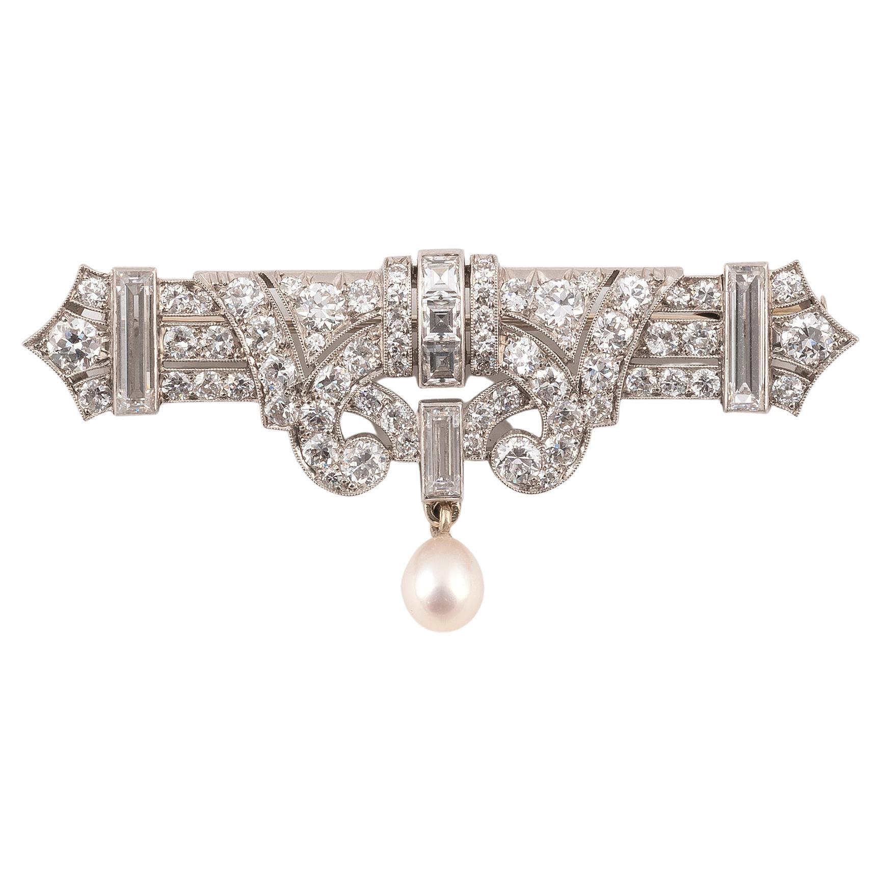 Old European Cut Art Deco' Platinum Diamond and Natural Pearl Brooch For Sale