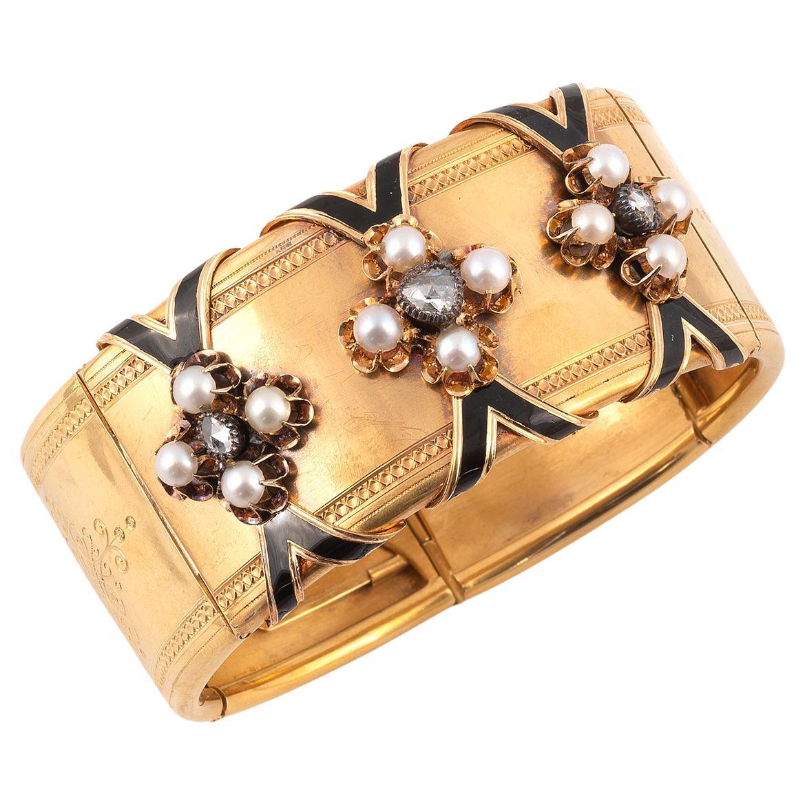Napoleon III Antique French Diamond Natural Pearl Bangle Bracelet