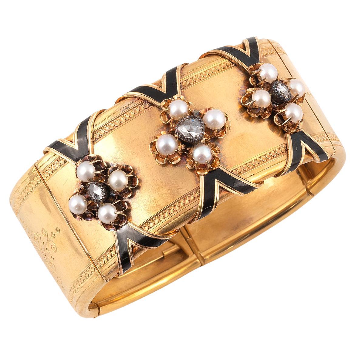 Bracelet jonc ancien français en perles naturelles et diamants