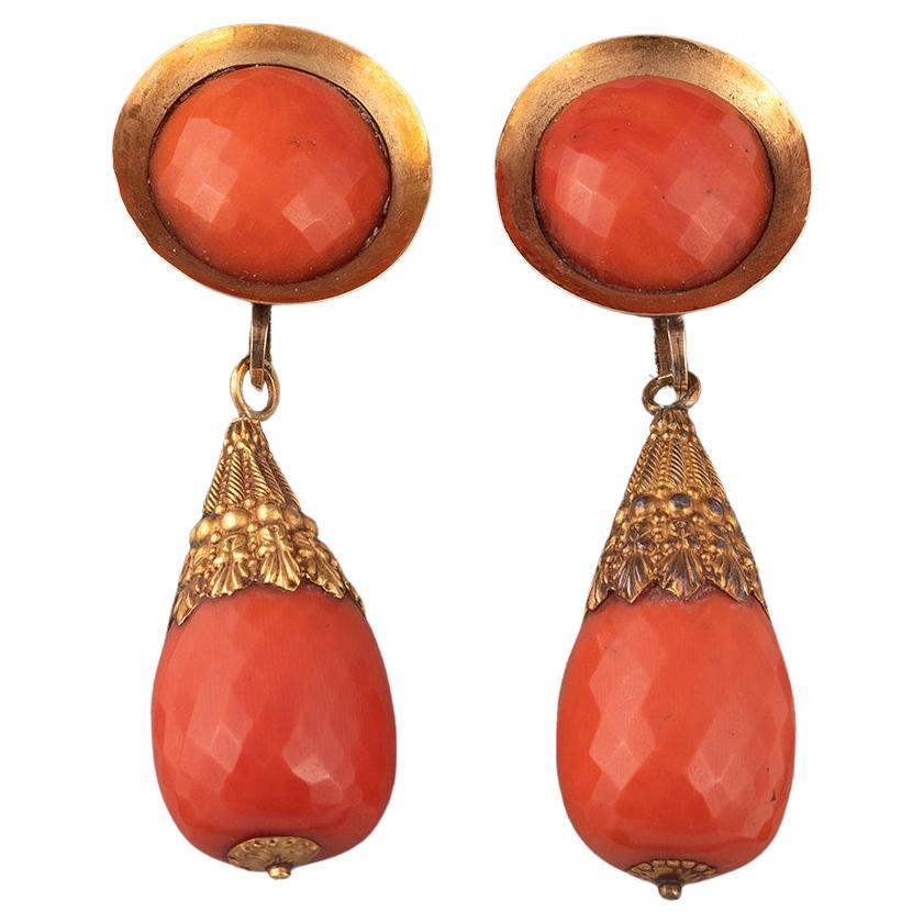 Boucles d'oreilles or 18k fille pierre corail 30mm