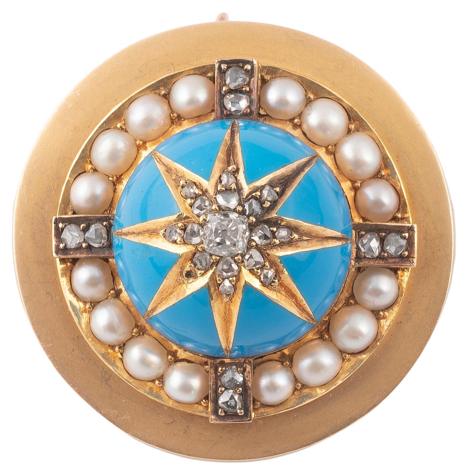 Mid Victorian Enamel Diamond and Half Pearl Brooch/Pendant, circa 1860 For Sale