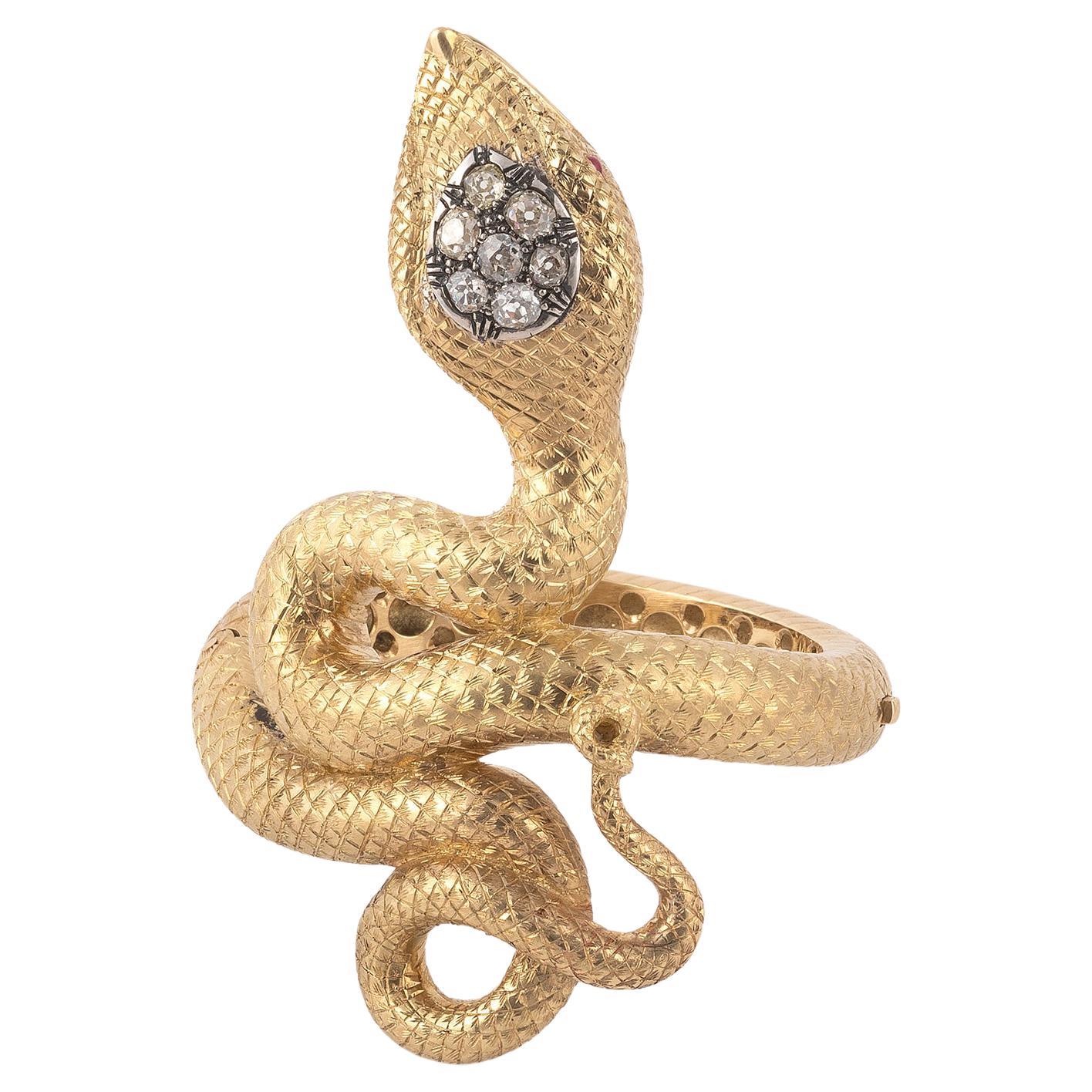 Vintage Gold and Old Cut Diamond Large Snake Bangle Attr. E. Serafini Bracelet For Sale