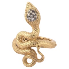 Vintage Gold and Old Cut Diamond Large Snake Bangle Bracelet