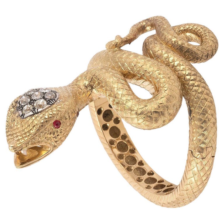 Vintage Gold and Old Cut Diamond Large Snake Bangle Bracelet For Sale ...