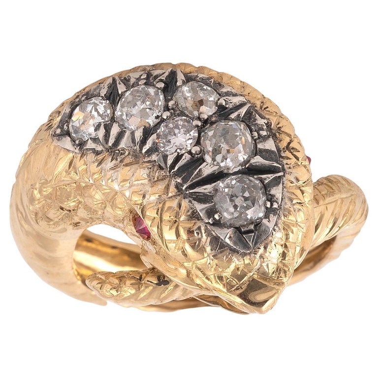 Vintage Gold and Diamond Snake Ring For Sale