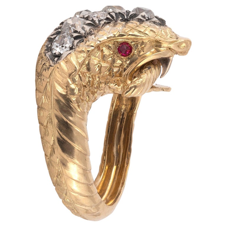Old European Cut Vintage Gold and Diamond Snake Ring For Sale