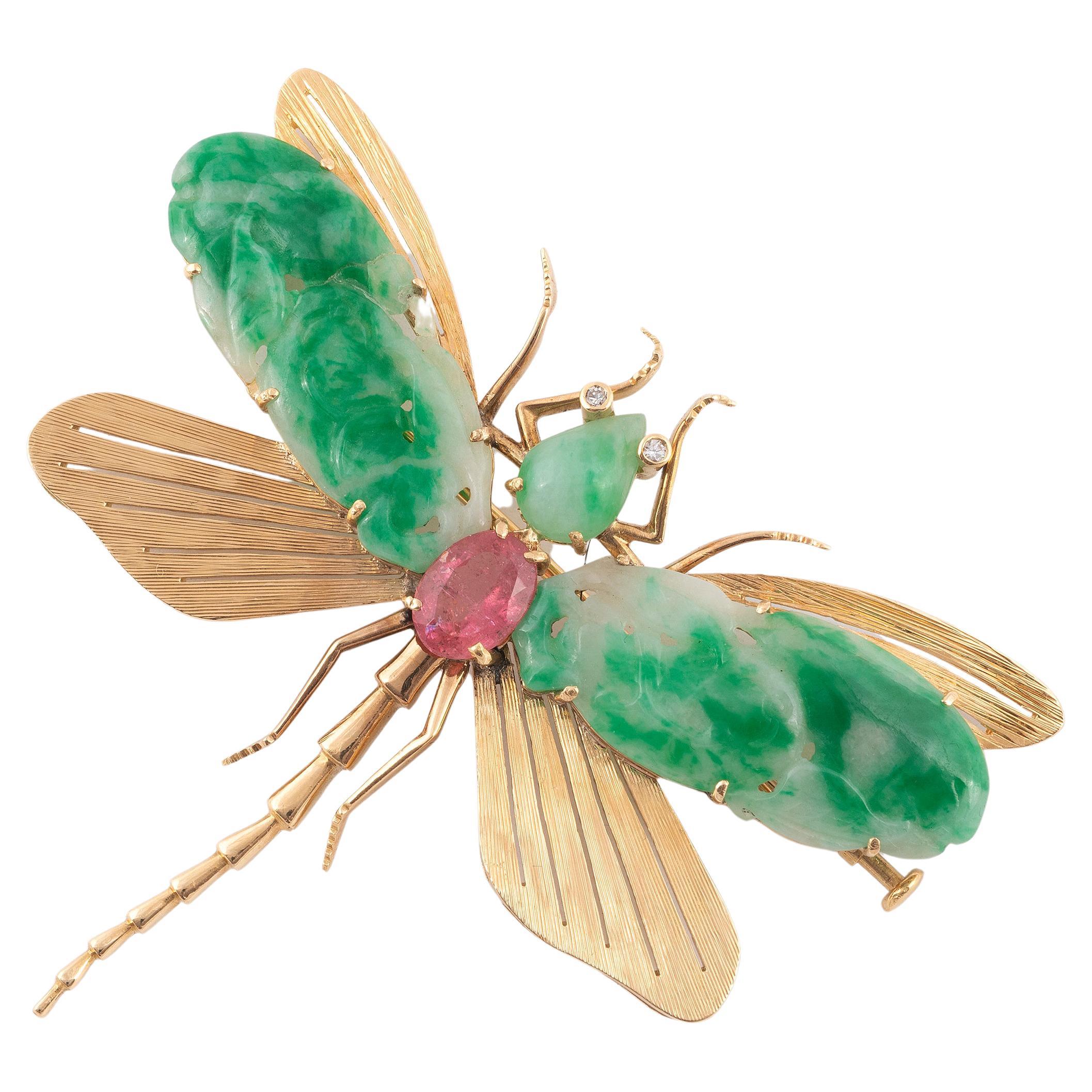 French 20th Century Jade and Pink Topaz Dragonfly Brooch