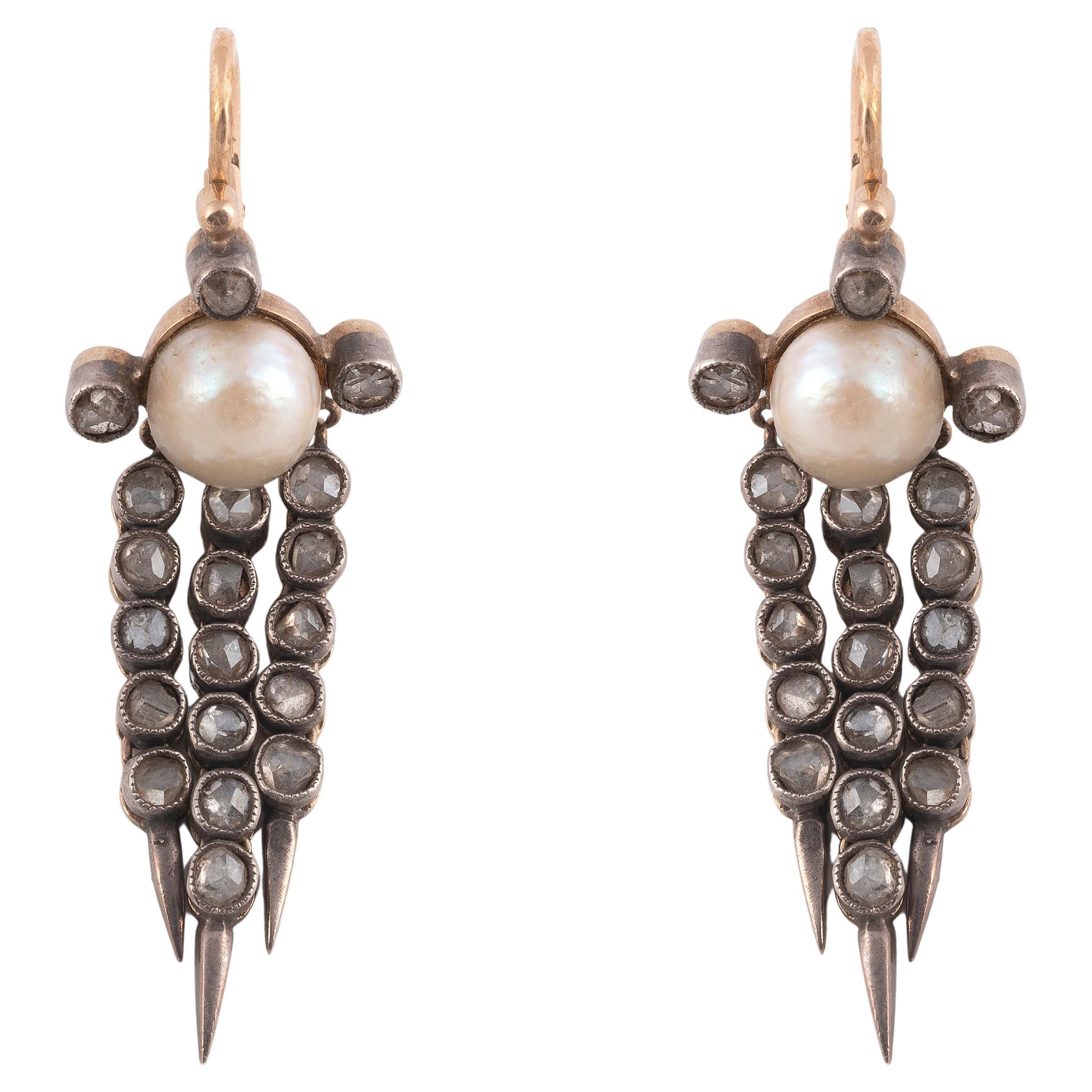 Pair of Antique Pearl Diamond and Silver-Topped Gold Earrings