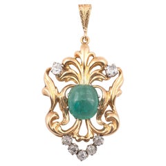Art Nouveau Gold Emerald and Diamond Pendant