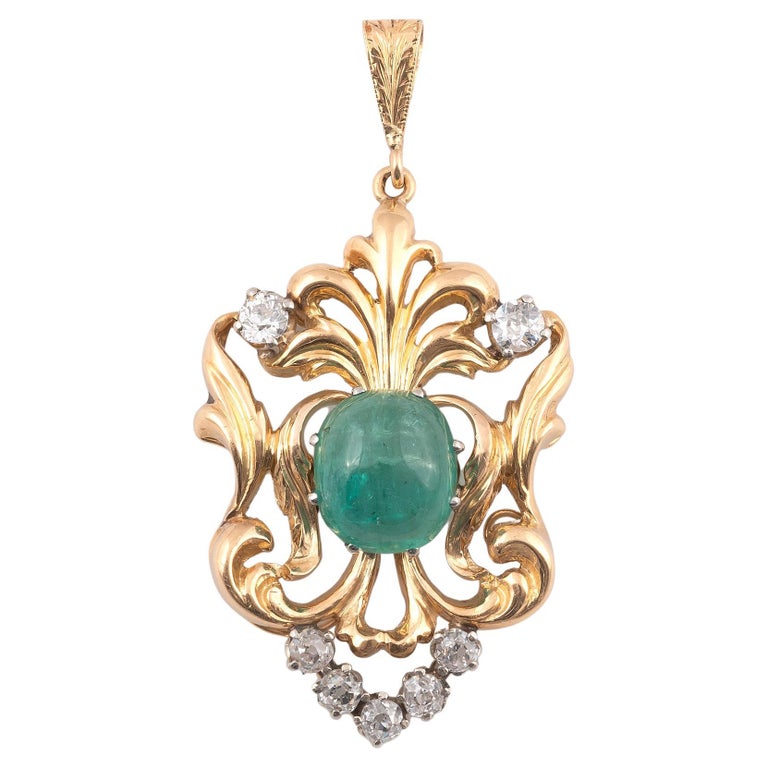 Art Nouveau Gold Emerald and Diamond Pendant For Sale at 1stDibs