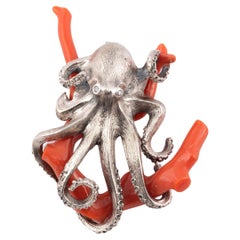 Coral Diamond Silver Octopus Brooch / Pendant