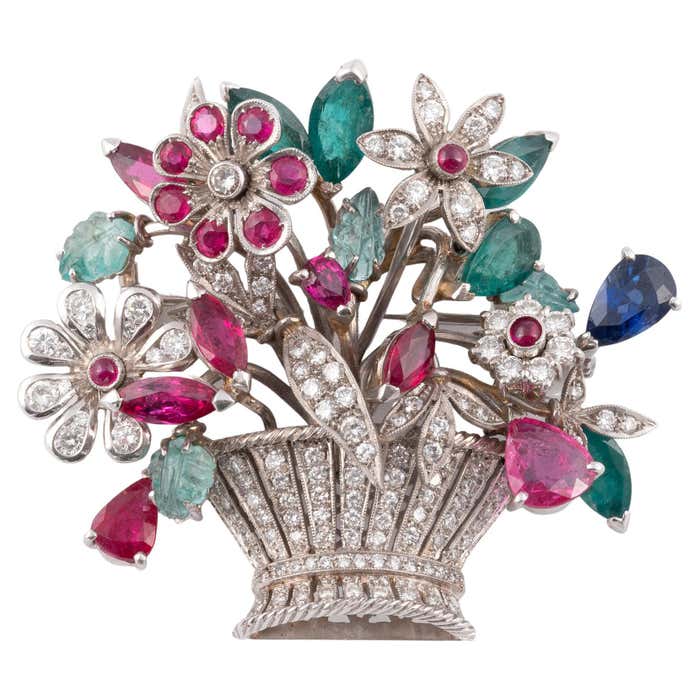 Platinum Diamond and Gem-Set Giardinetto Brooch at 1stDibs