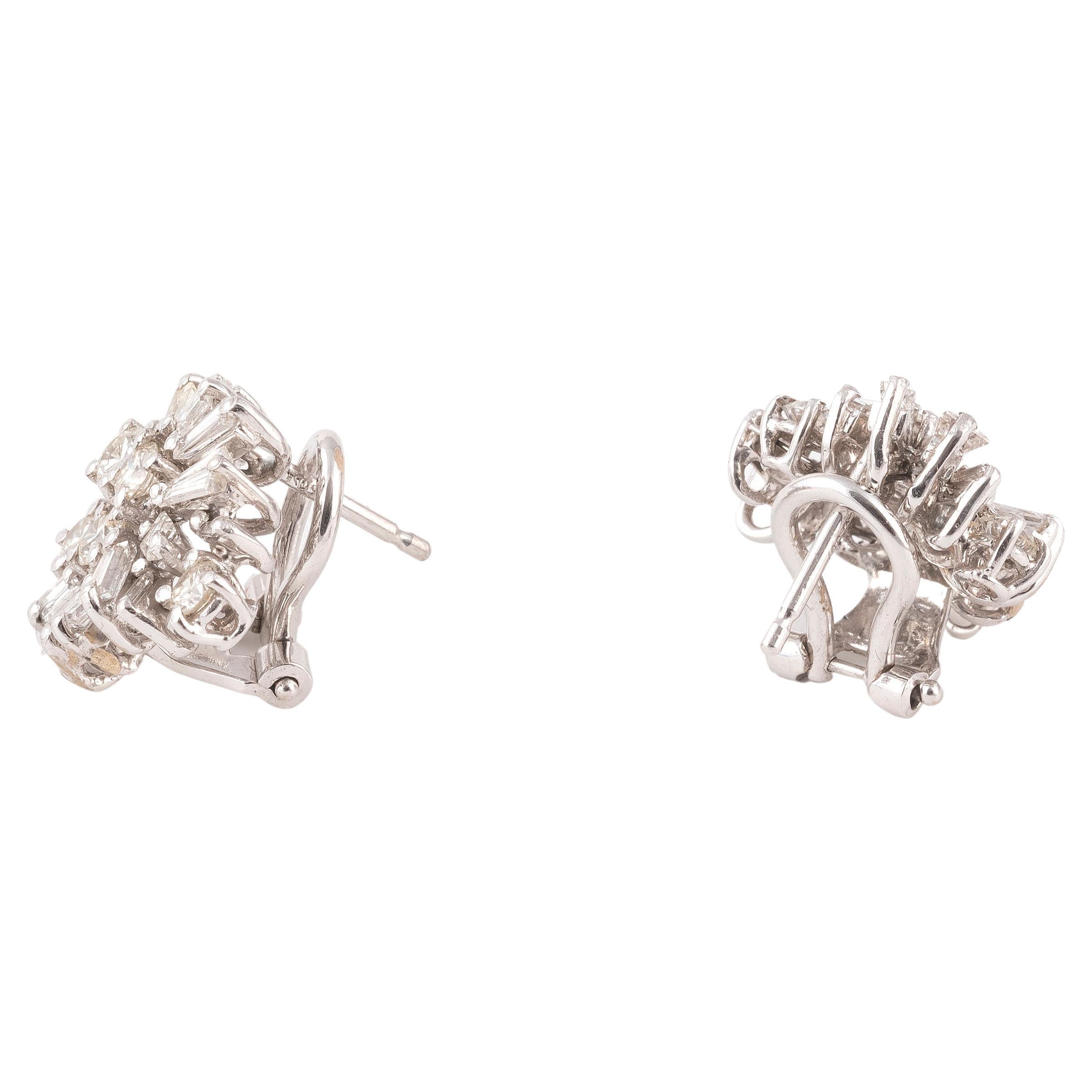 Retro 18kt White Gold and Diamond Cluster Earrings