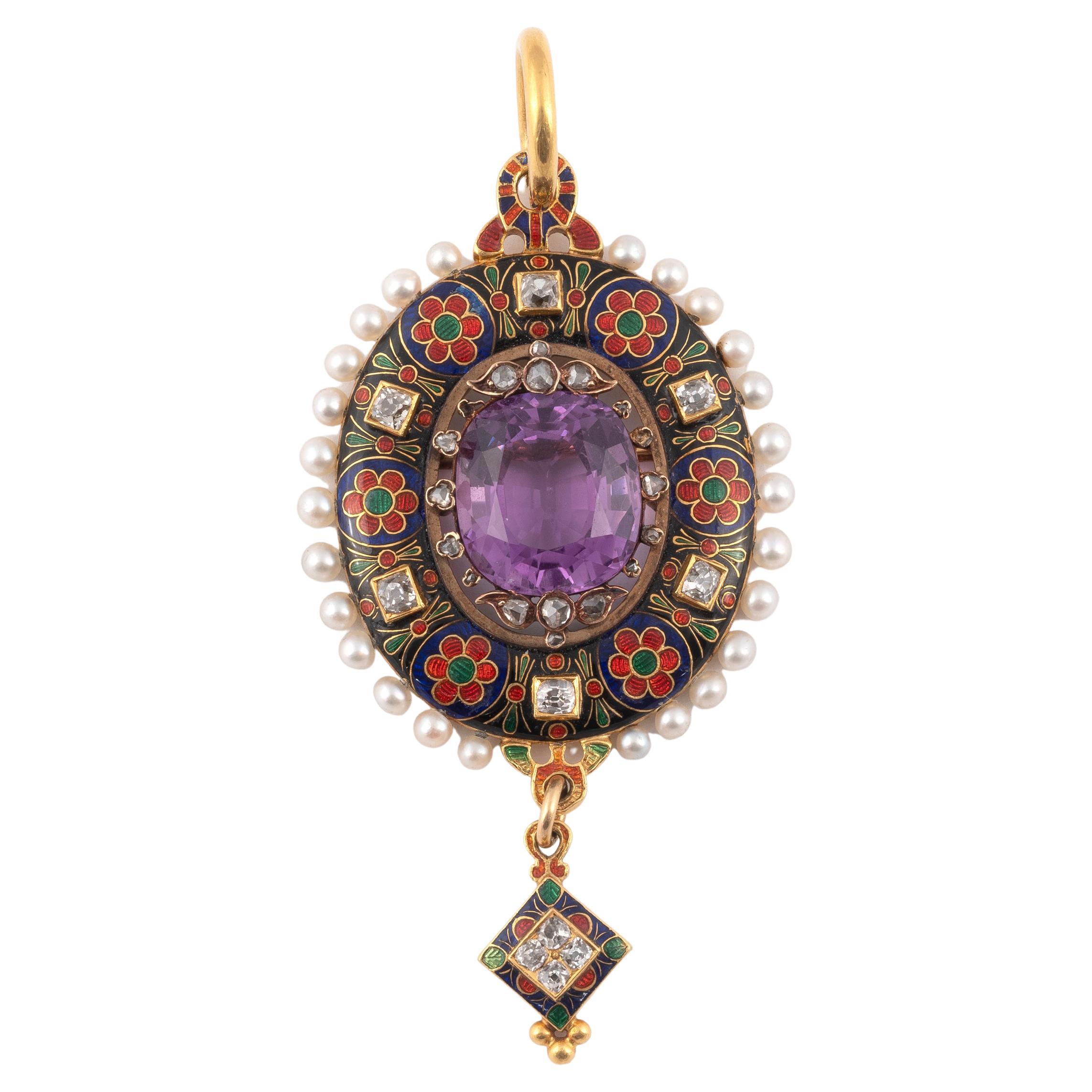 Holbeinesque Amethyst Diamond Enamel Natural Pearl and Gold Pendant, Circa 1865