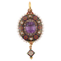 Holbeinesque Amethyst Diamond Enamel Natural Pearl and Gold Pendant, Circa 1865