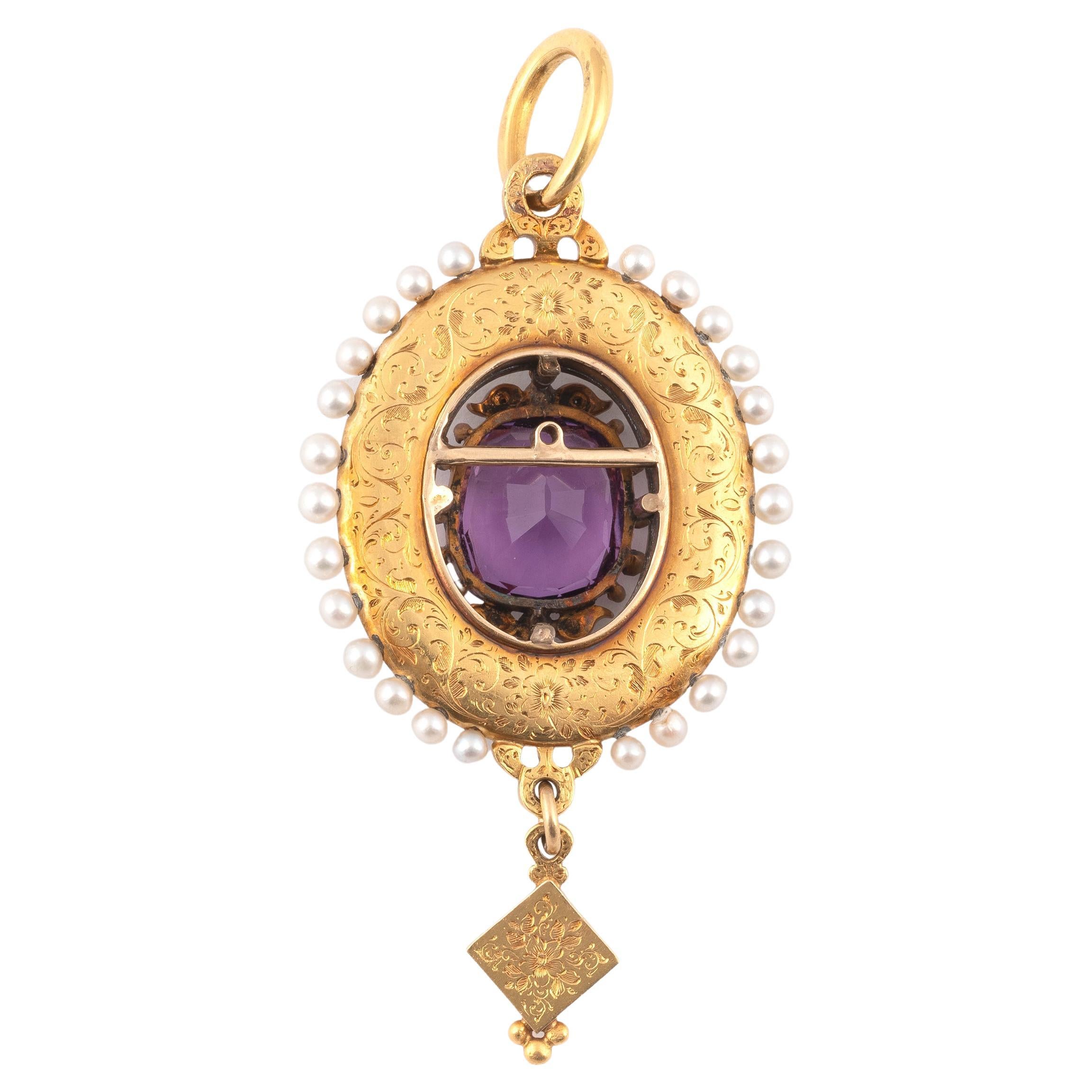 Old European Cut Holbeinesque Amethyst Diamond Enamel Natural Pearl and Gold Pendant, Circa 1865 For Sale