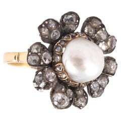 Late 19th Century Diamond and Natural Pearl Flower Ring, Circa 1880