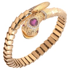 Vintage 18kt Yellow Gold Garnet Diamond And Ruby Snake Bracelet
