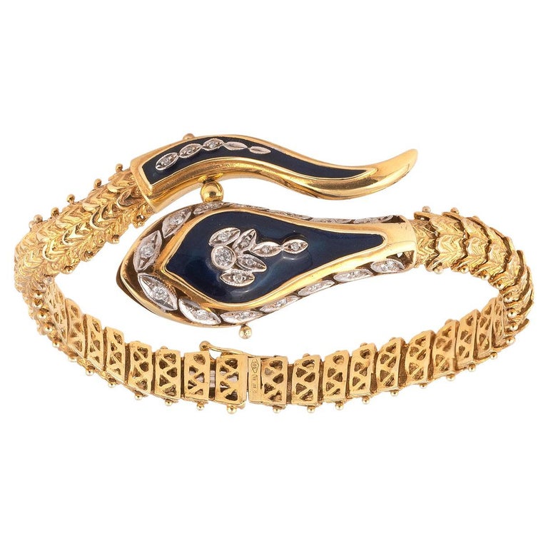 Retro 18kt Yellow Gold Enamel And Diamond Snake Bracelet at 1stDibs