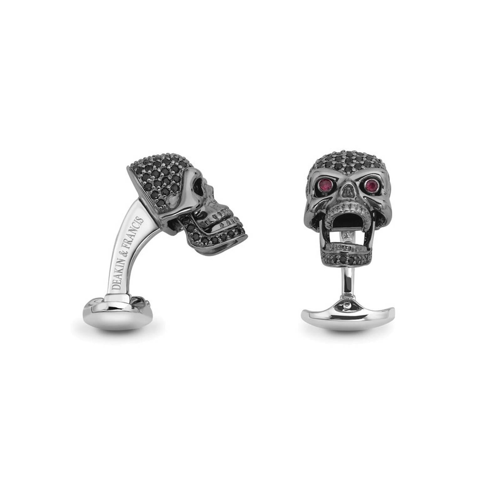 

The Deakin & Francis legendary Skull design is popular with celebrities and city slickers worldwide. These black spinel skull cufflinks are opulent luxury. With a moving jaw and popping ruby eyes they are the personification of extravagance.