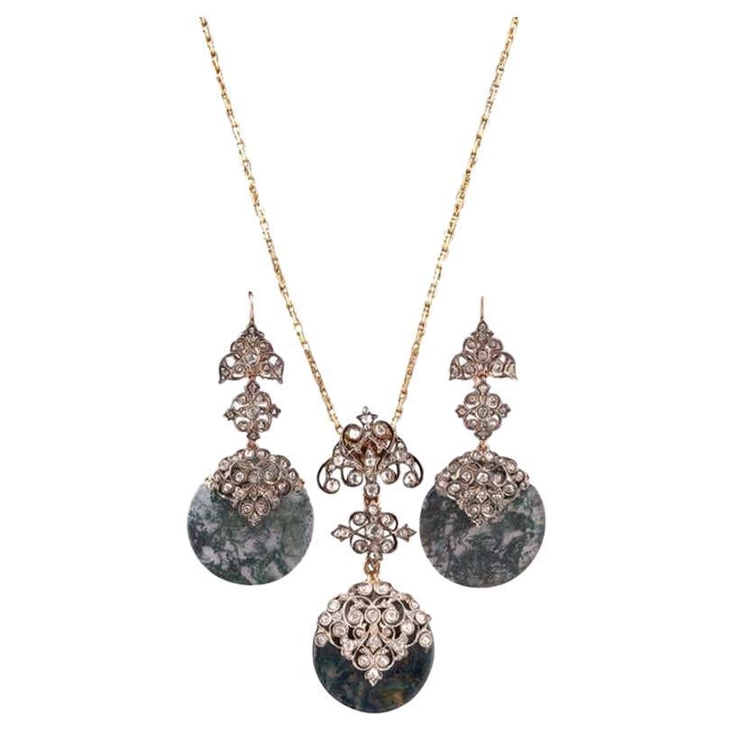 Belle Epoque Diamond and Moss Agate Pendant / Earrings