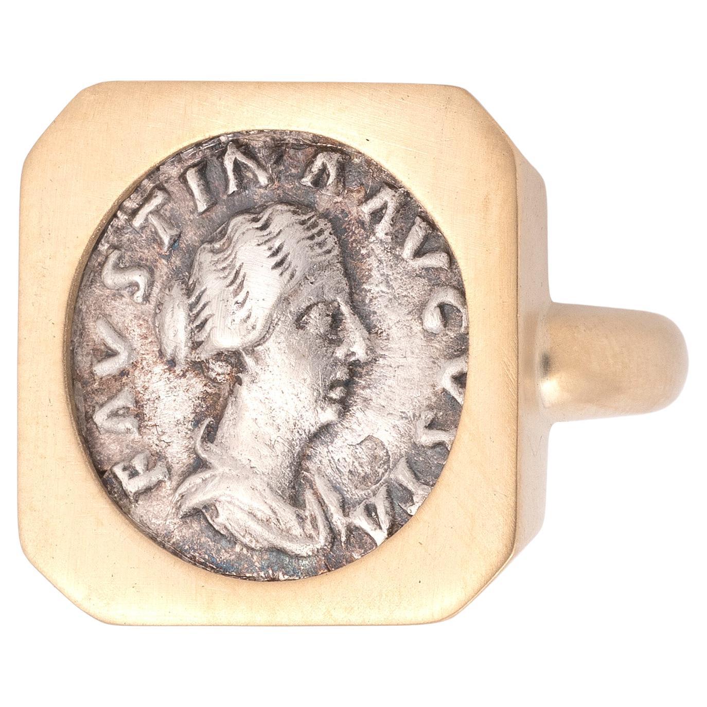 Gold Ring Featuring Roman Silver Denarius of Empress Faustina 161 AD -180 AD For Sale