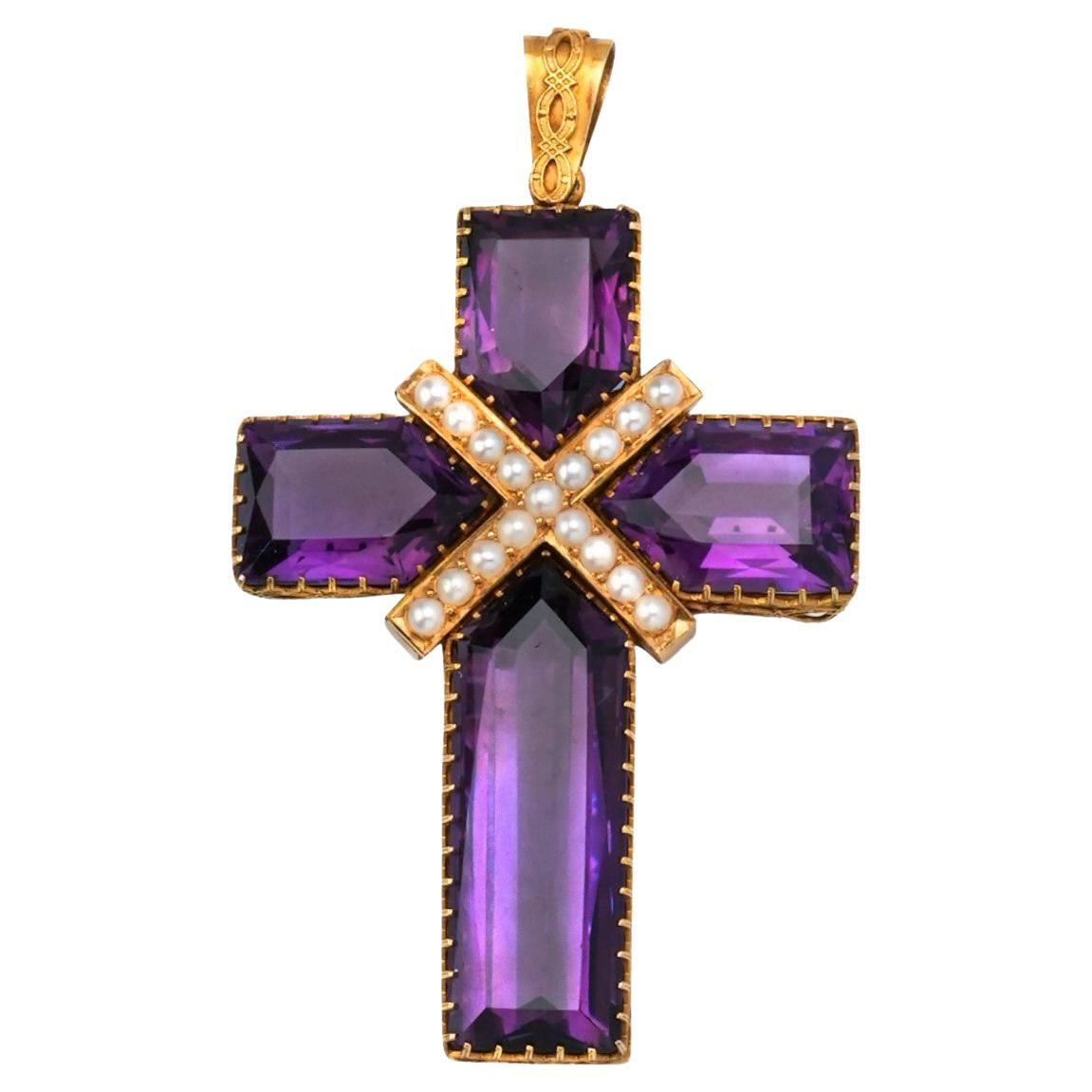 Late 19th Century Large Amethyst Pearl and Gold Cross Pendant For Sale