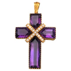 Antique Late 19th Century Large Amethyst Pearl and Gold Cross Pendant