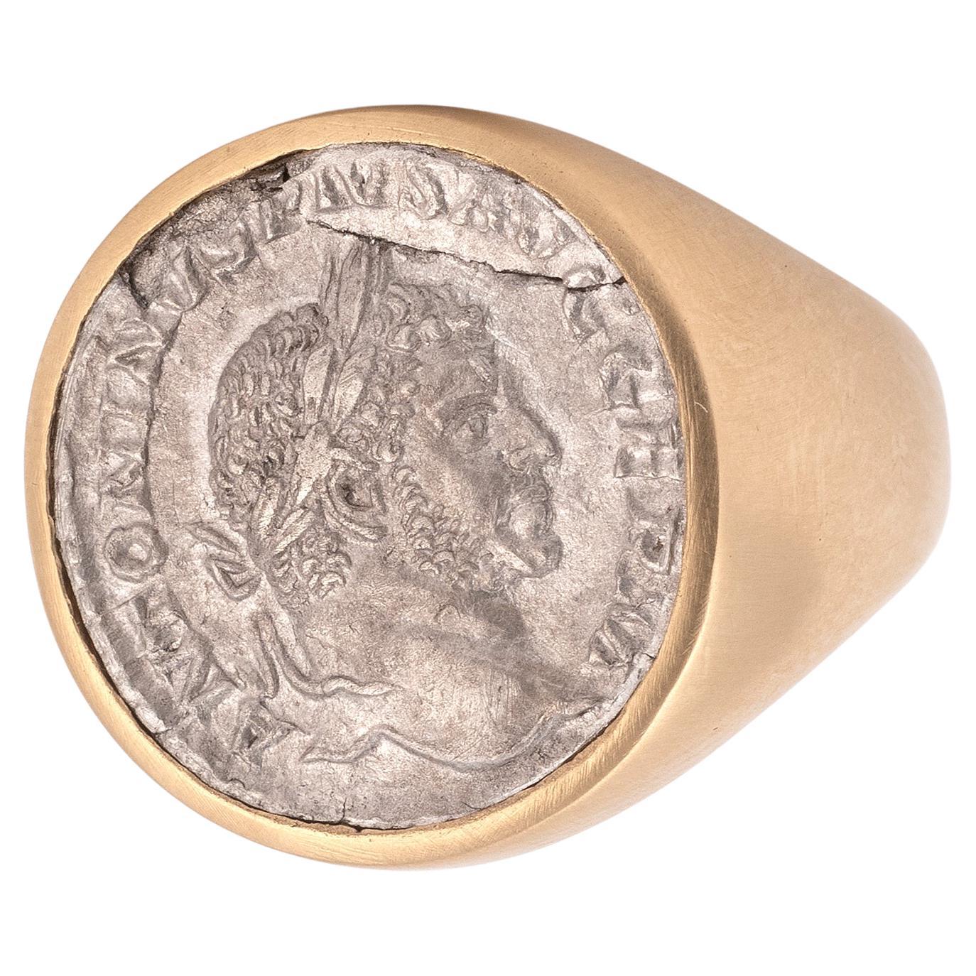 18kt Yellow Gold And Silver Roman Coin Caracalla Ring  en vente