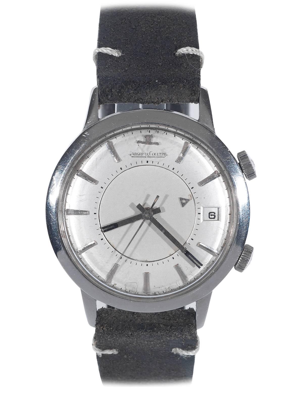 
PLEASE NOTE: OUR PRICE IS FULLY INCLUSIVE OF SHIPPING, IMPORTATION TAXES & DUTIES.

Ref. 855. Case No. 1139704. Made circa 1960

Fine, center seconds, self-winding, stainless steel wristwatch with alarm, date and 2 crowns. Case three-body,