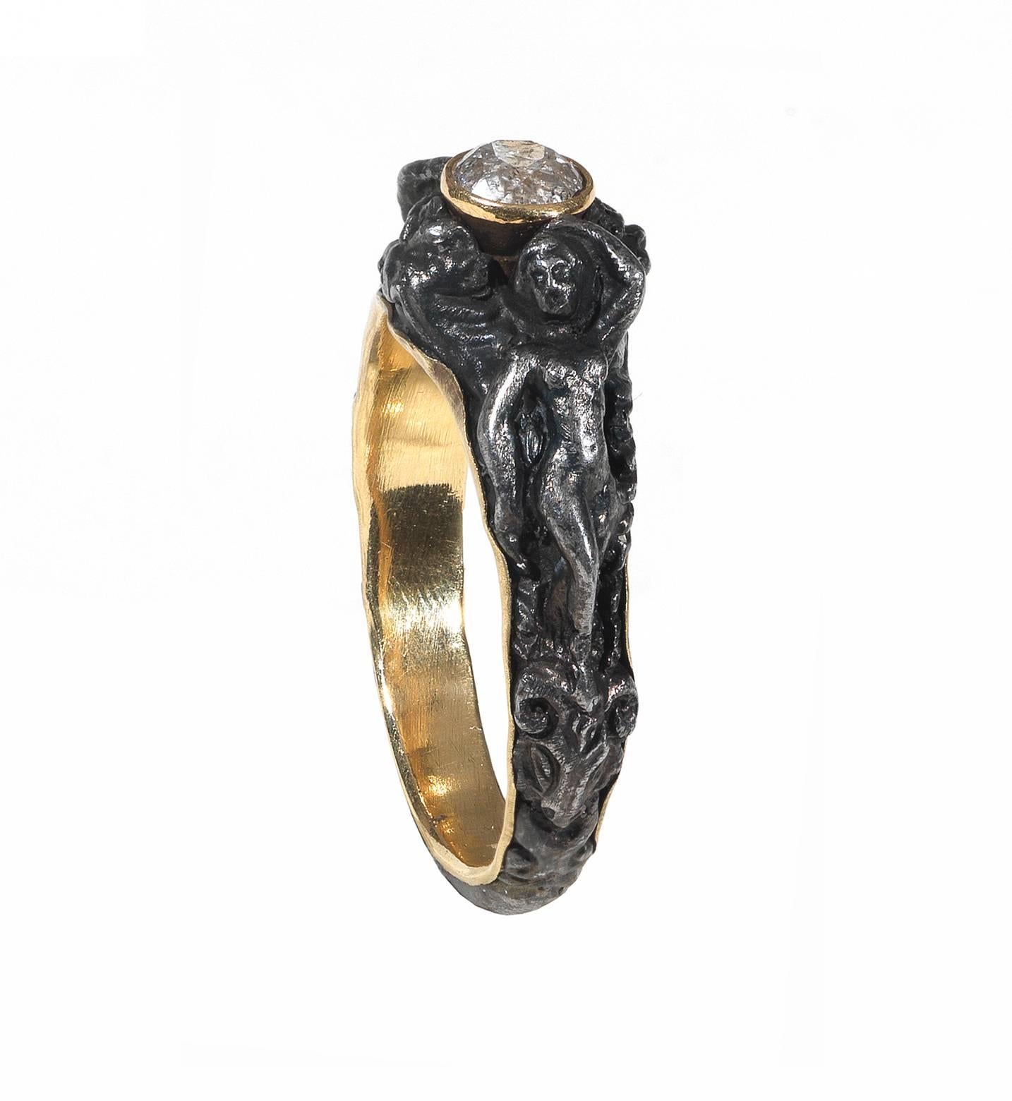 Round Cut Art Nouveau Diamond Gold and Steel Sathyr Ring