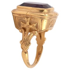 Antique 18 Karat Yellow Gold Cushion Cut Amethyst Bishop Ring